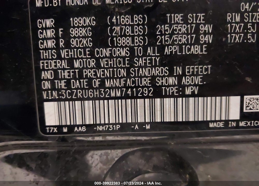 2021 HONDA HR-V AWD LX VIN: 3CZRU6H32MM741292