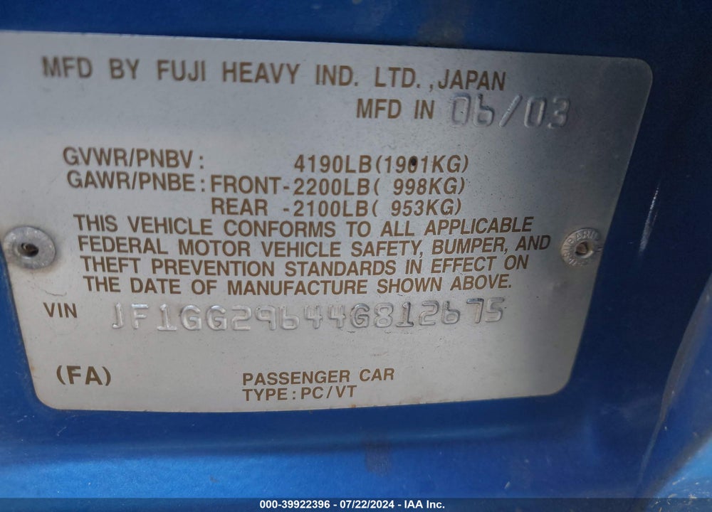 2004 SUBARU IMPREZA WRX VIN: JF1GG29644G812675