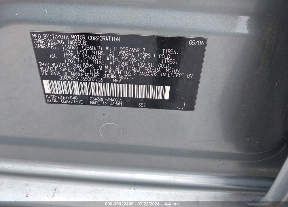 2006 TOYOTA RAV4 BASE V6 VIN: JTMZK35V065003726