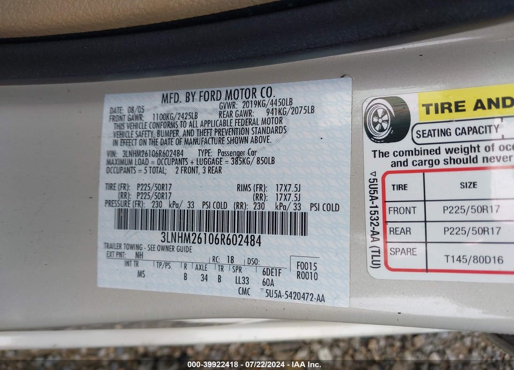 2006 LINCOLN ZEPHYR VIN: 3LNHM26106R602484
