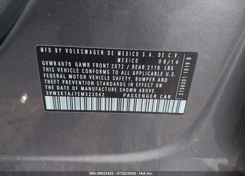 2014 VOLKSWAGEN JETTA 2.0L S VIN: 3VW2K7AJ7EM322042