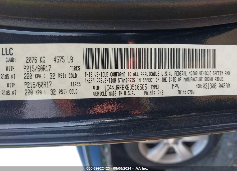 2014 JEEP PATRIOT LATITUDE VIN: 1C4NJRFBXED510565