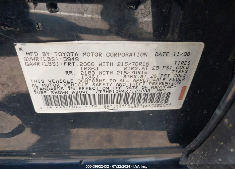 1999 TOYOTA RAV4 VIN: JT3HP10V4X7121233