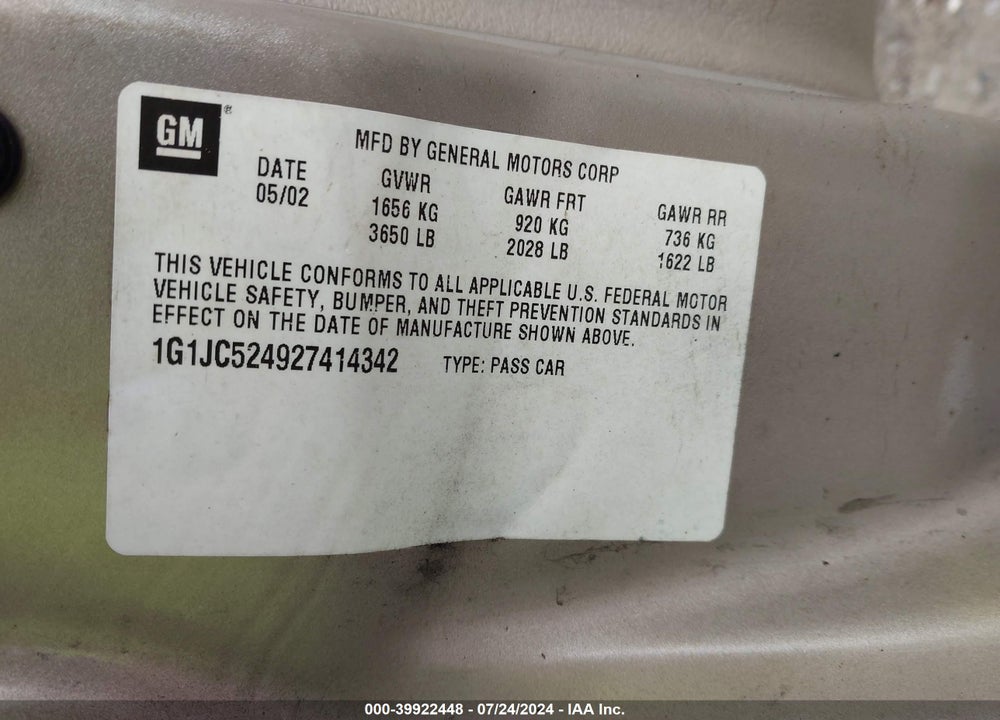2002 CHEVROLET CAVALIER VIN: 1G1JC524927414342