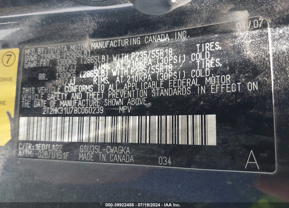 2008 LEXUS RX 350 VIN: 2T2HK31U78C060239