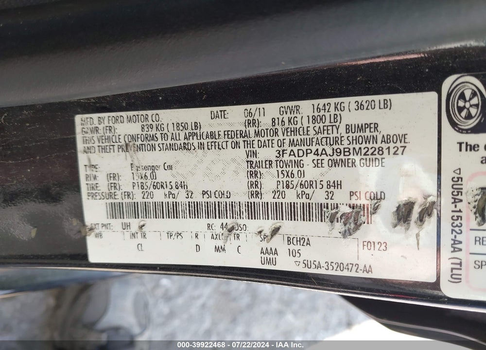 2011 FORD FIESTA S VIN: 3FADP4AJ9BM228127
