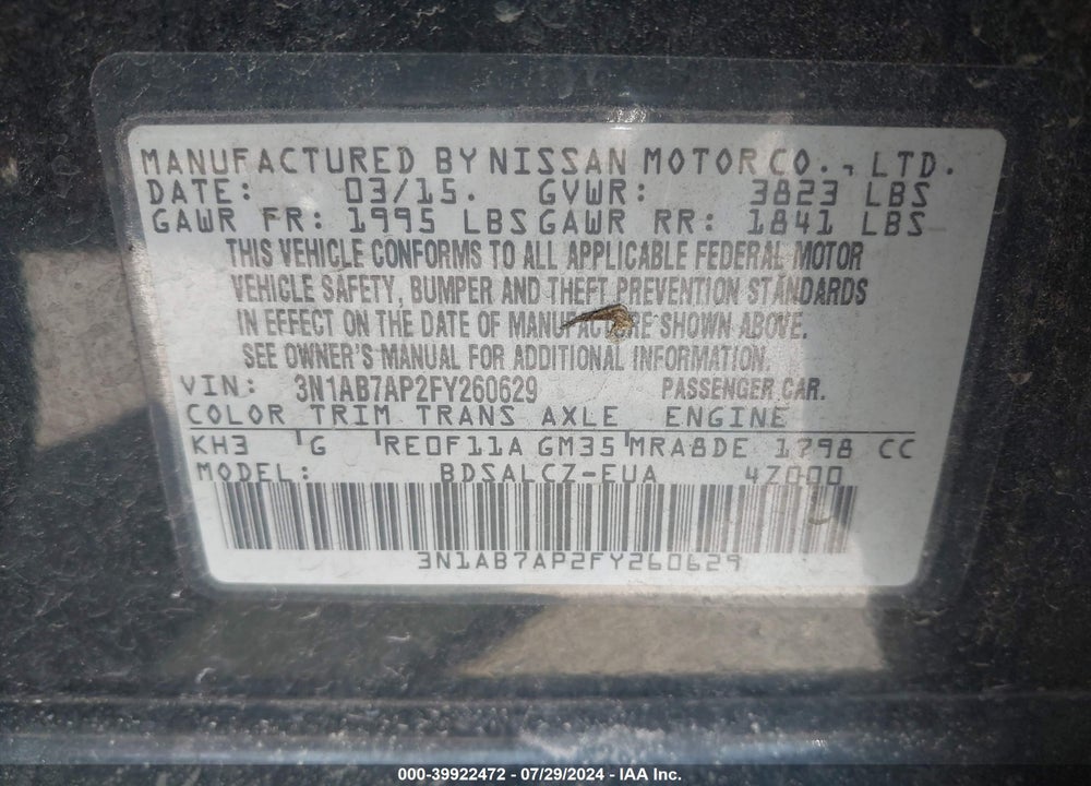 2015 NISSAN SENTRA S VIN: 3N1AB7AP2FY260629