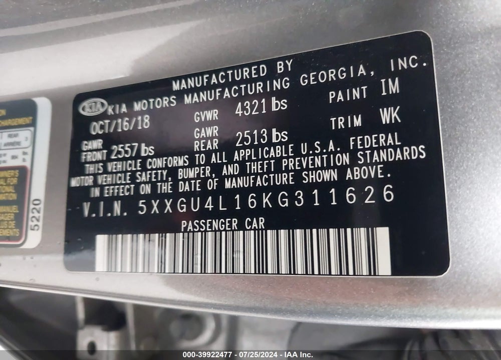 2019 KIA OPTIMA EX VIN: 5XXGU4L16KG311626
