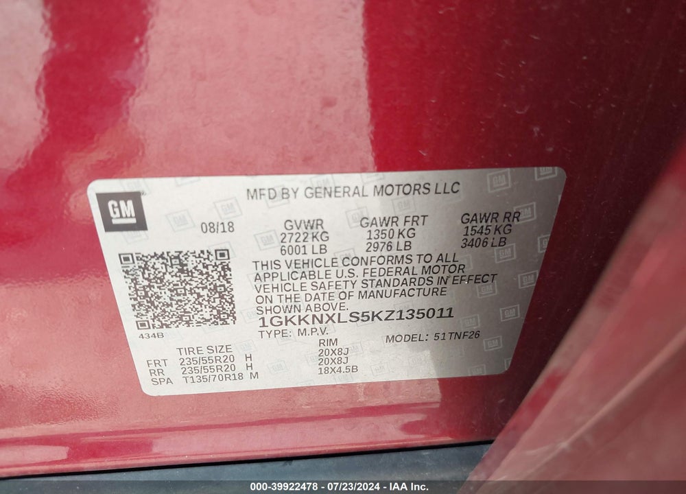 2019 GMC ACADIA DENALI VIN: 1GKKNXLS5KZ135011