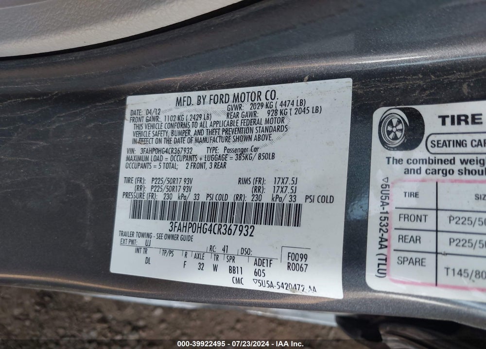 2012 FORD FUSION SE VIN: 3FAHP0HG4CR367932