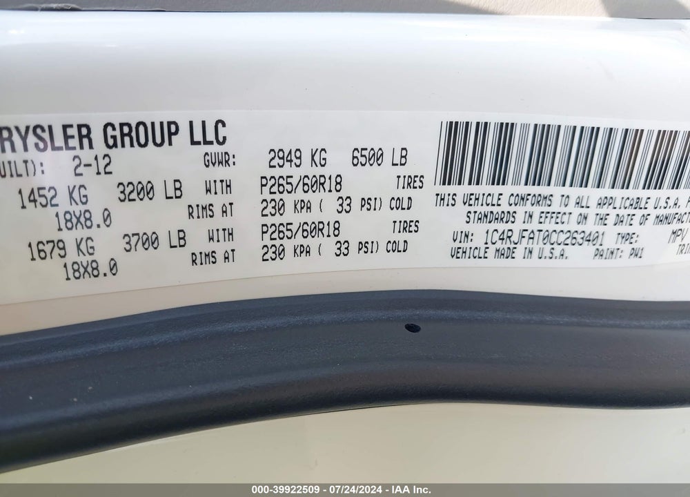 2012 JEEP GRAND CHEROKEE LAREDO VIN: 1C4RJFAT0CC263401