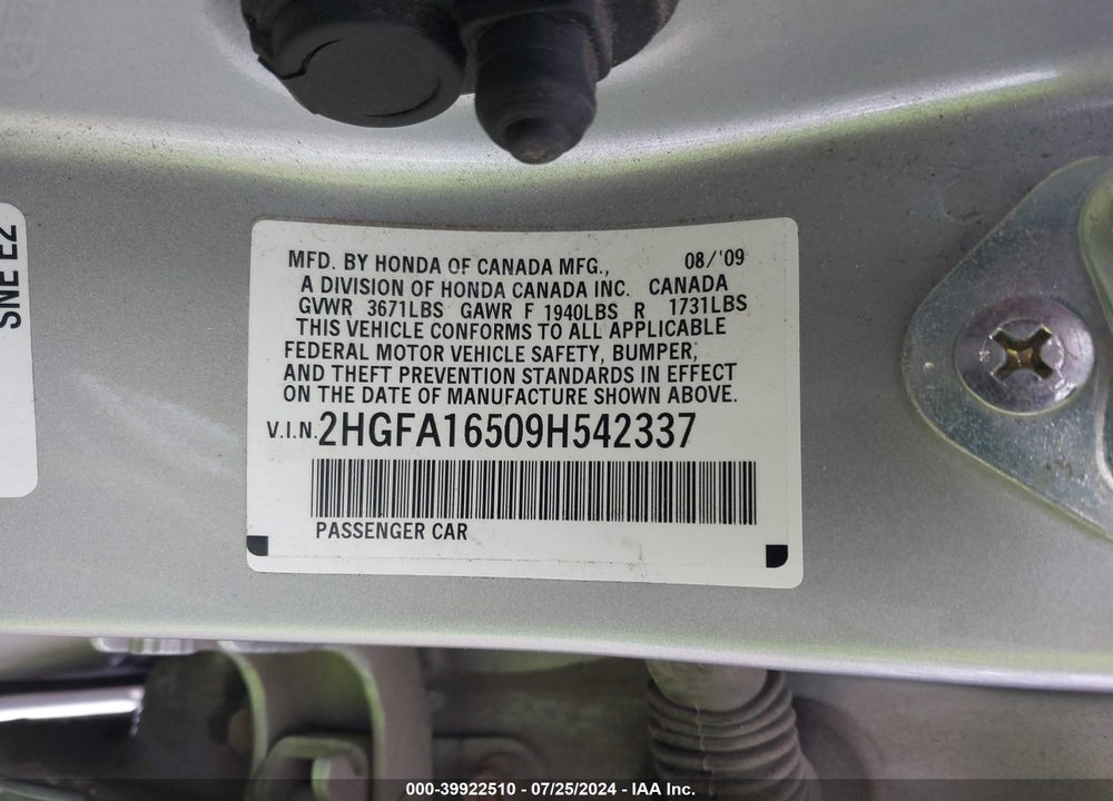 2009 HONDA CIVIC LX VIN: 2HGFA16509H542337