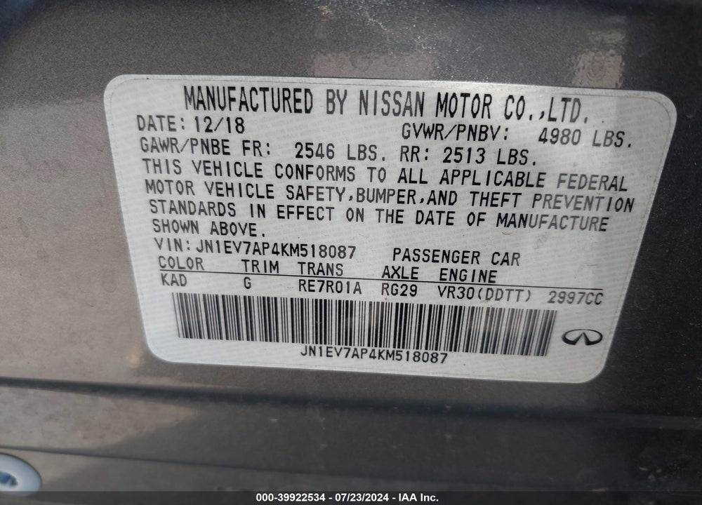 2019 INFINITI Q50 3.0T LUXE VIN: JN1EV7AP4KM518087