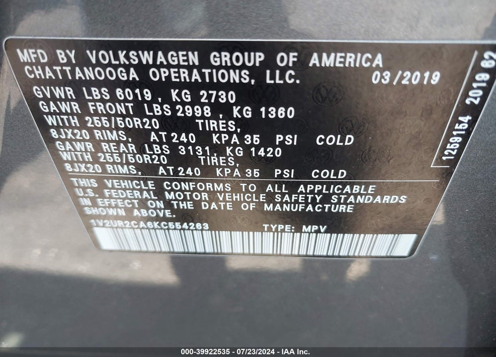 2019 VOLKSWAGEN ATLAS 3.6L V6 SE W/TECHNOLOGY VIN: 1V2UR2CA6KC554263