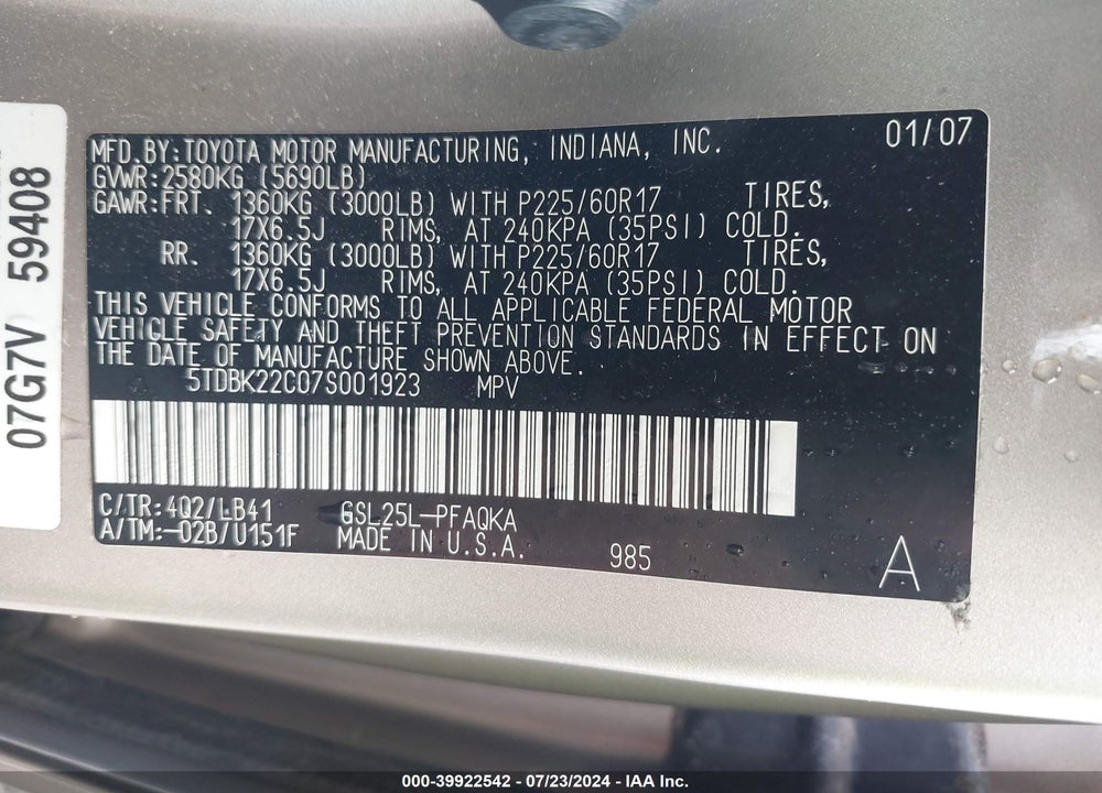2007 TOYOTA SIENNA XLE LIMITED VIN: 5TDBK22C07S001923