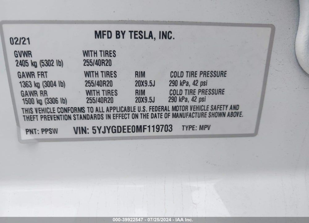 2021 TESLA MODEL Y LONG RANGE DUAL MOTOR ALL-WHEEL DRIVE VIN: 5YJYGDEE0MF119703