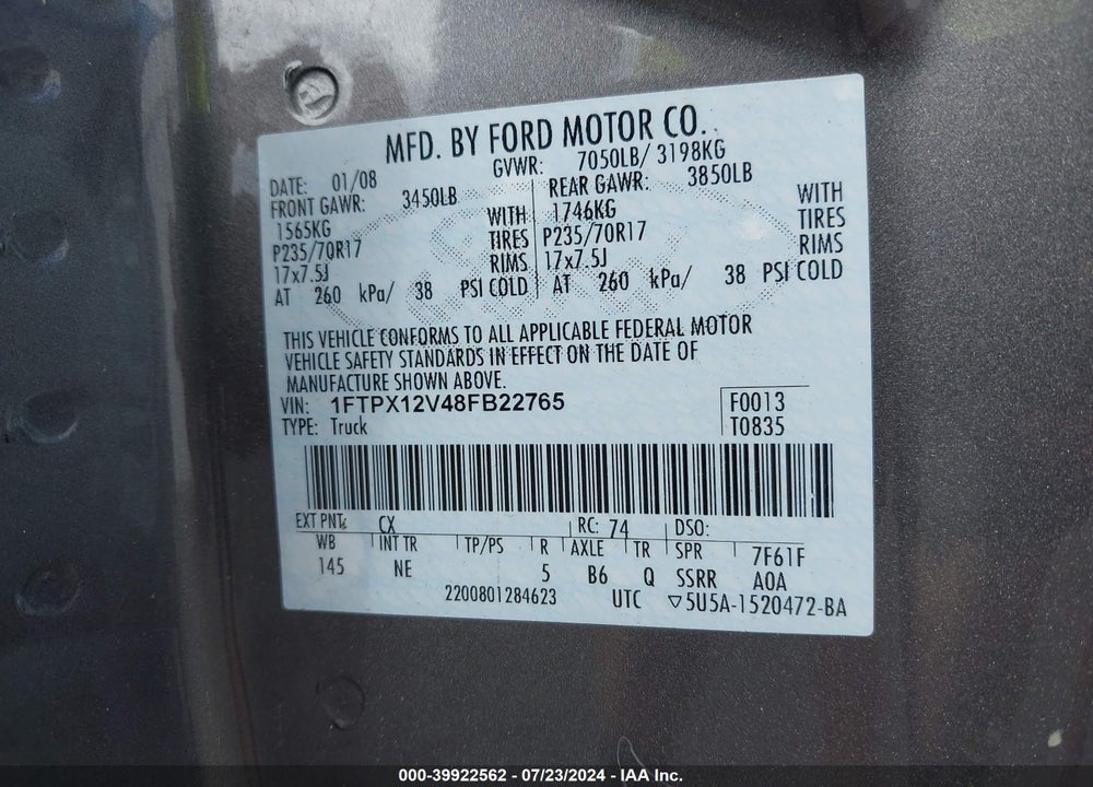2008 FORD F150 VIN: 1FTPX12V48FB22765