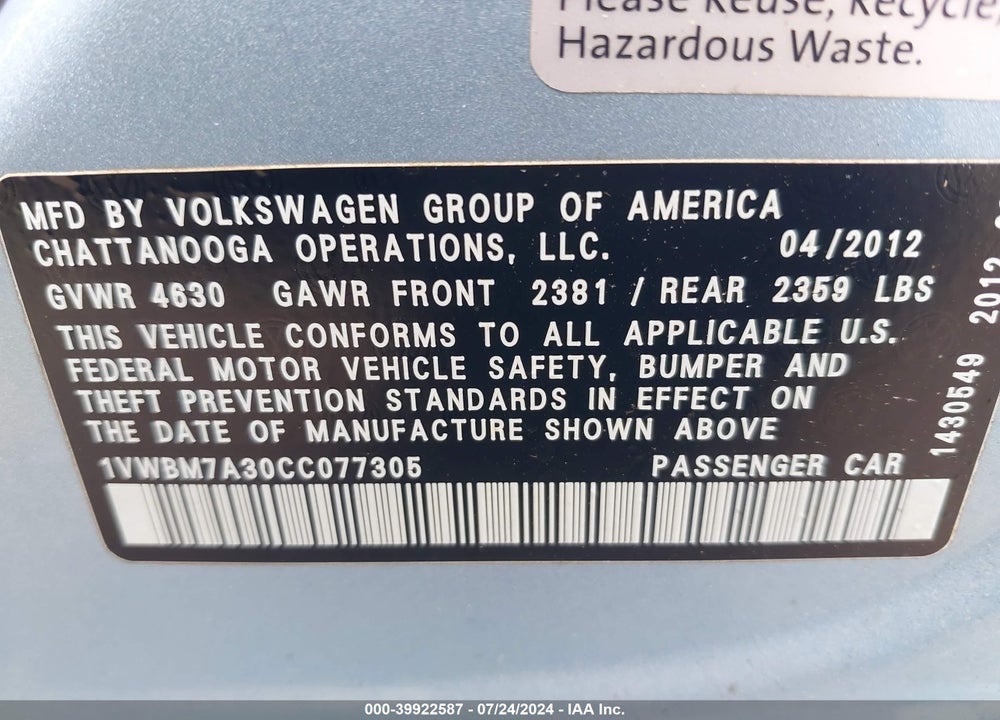 2012 VOLKSWAGEN PASSAT 3.6L V6 SE VIN: 1VWBM7A30CC077305