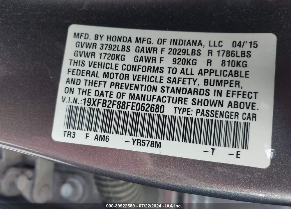 2015 HONDA CIVIC EX VIN: 19XFB2F88FE062680