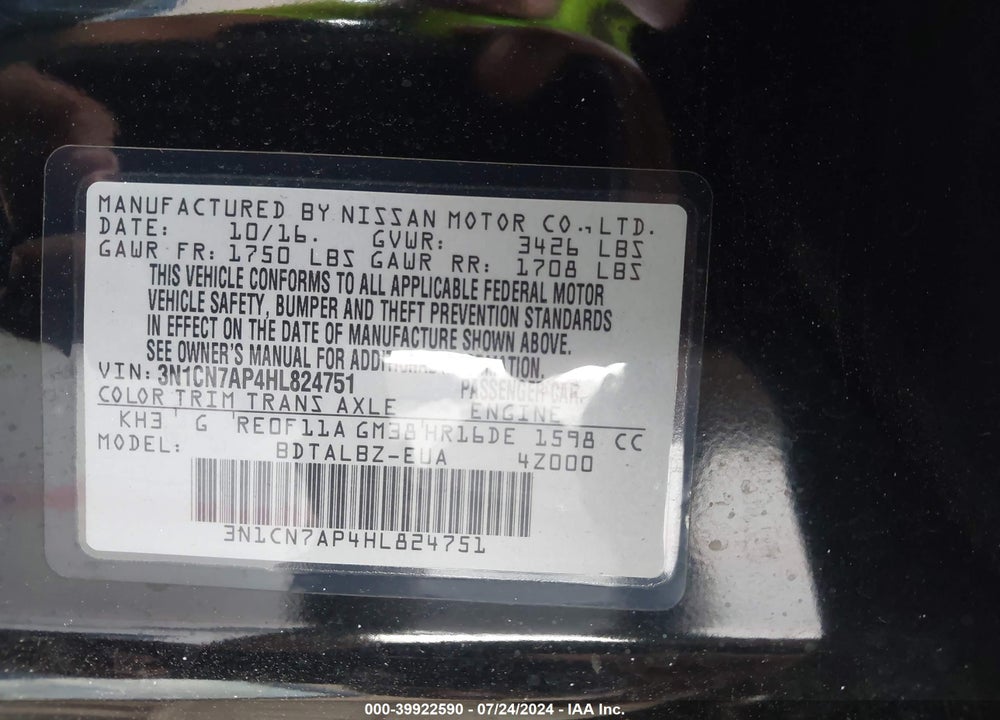 2017 NISSAN VERSA 1.6 SV VIN: 3N1CN7AP4HL824751