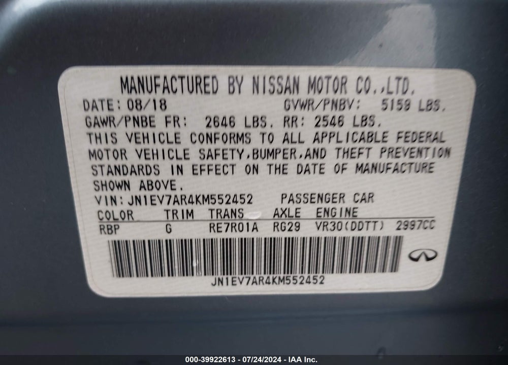 2019 INFINITI Q50 3.0T LUXE VIN: JN1EV7AR4KM552452