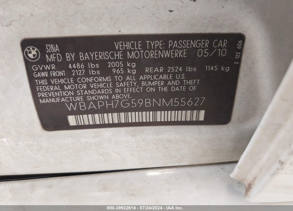 2011 BMW 328I VIN: WBAPH7G59BNM55627