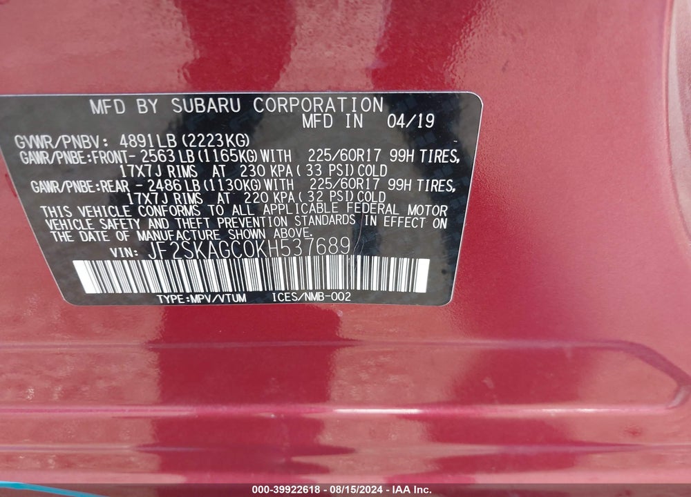 2019 SUBARU FORESTER VIN: JF2SKAGC0KH537689