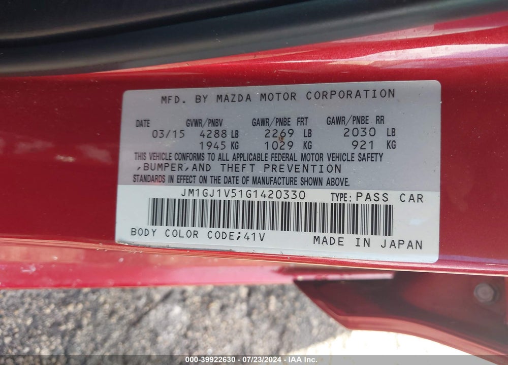 2016 MAZDA 6 I TOURING VIN: JM1GJ1V51G1420330