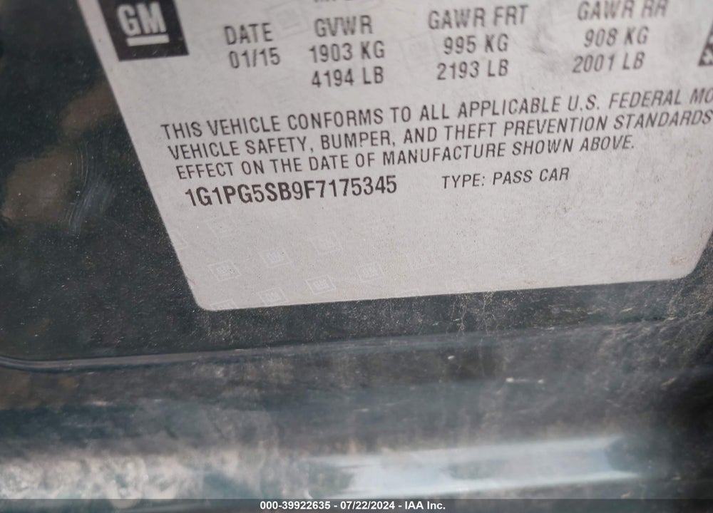 2015 CHEVROLET CRUZE LTZ VIN: 1G1PG5SB9F7175345