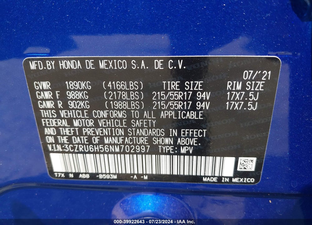 2022 HONDA HR-V AWD EX VIN: 3CZRU6H56NM702997