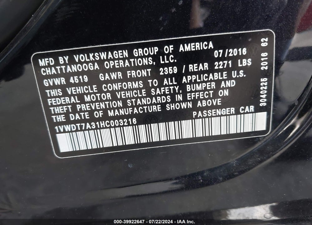 2017 VOLKSWAGEN PASSAT 1.8T R-LINE VIN: 1VWDT7A31HC003216