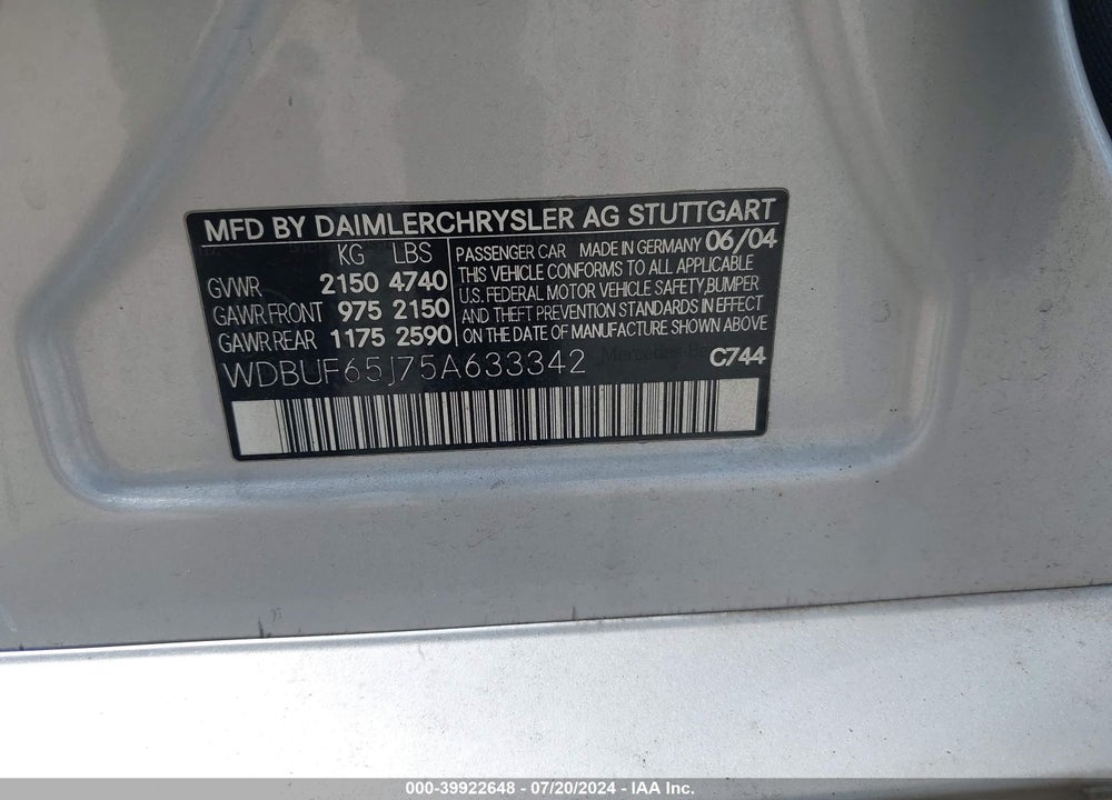 2005 MERCEDES-BENZ E 320 VIN: WDBUF65J75A633342