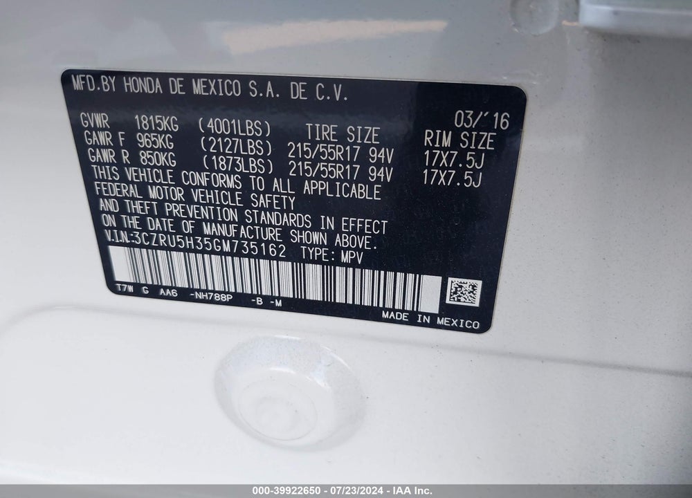 2016 HONDA HR-V LX VIN: 3CZRU5H35GM735162