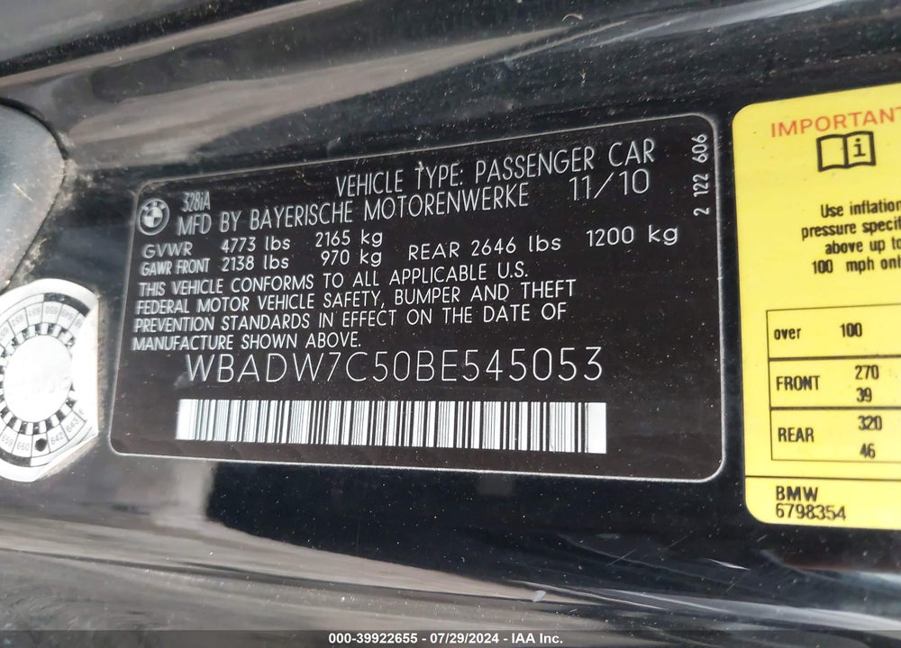 2011 BMW 328I VIN: WBADW7C50BE545053