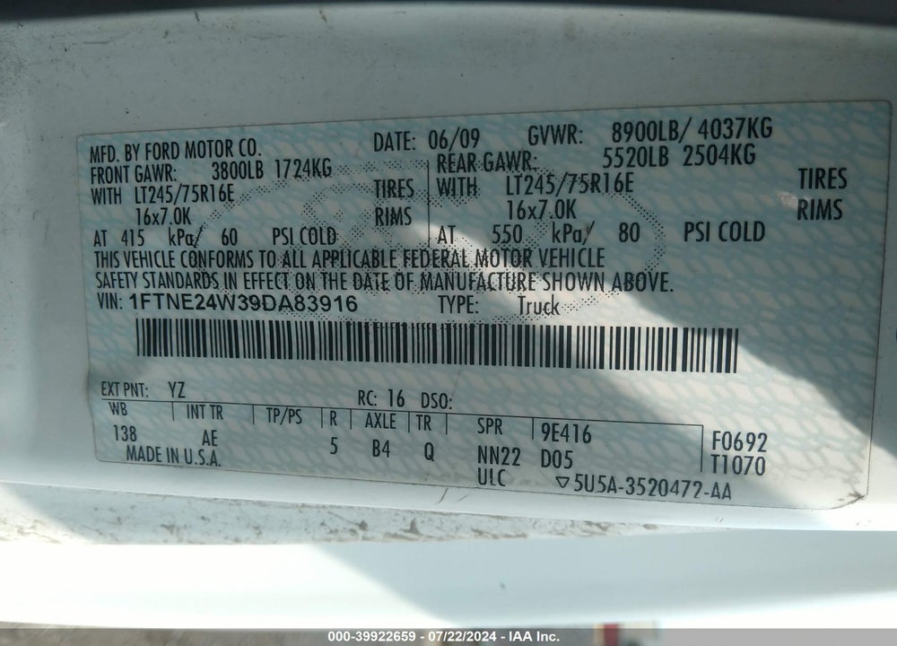 2009 FORD E-250 COMMERCIAL/RECREATIONAL VIN: 1FTNE24W39DA83916