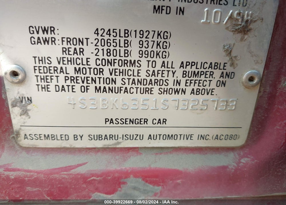 1995 SUBARU LEGACY L/OUTBACK VIN: 4S3BK6351S7325733