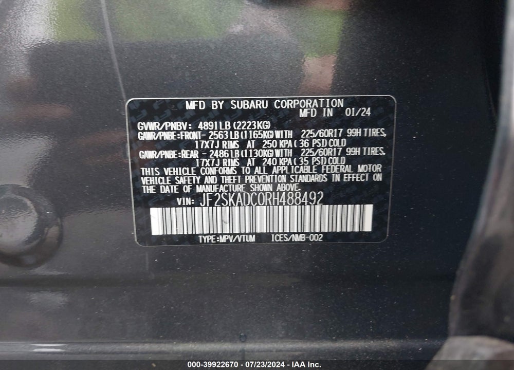 2024 SUBARU FORESTER PREMIUM VIN: JF2SKADC0RH488492
