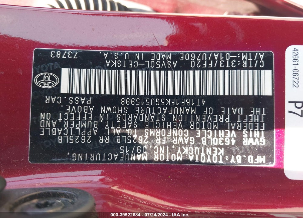 2016 TOYOTA CAMRY SE VIN: 4T1BF1FK5GU515998
