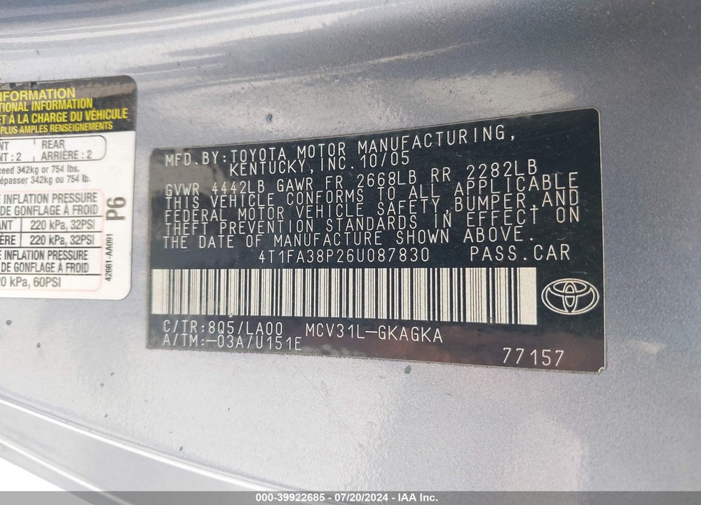 2006 TOYOTA CAMRY SOLARA SLE VIN: 4T1FA38P26U087830