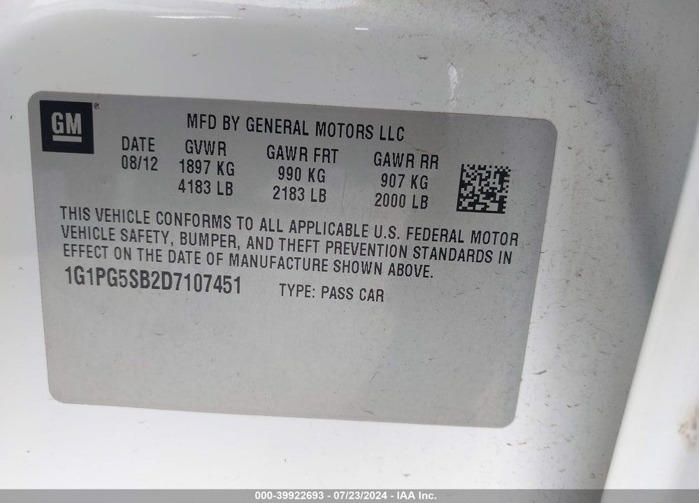 2013 CHEVROLET CRUZE LTZ VIN: 1G1PG5SB2D7107451