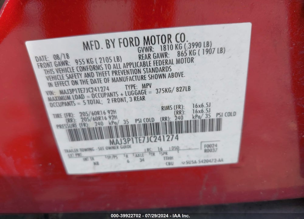 2018 FORD ECOSPORT SE VIN: MAJ3P1TE7JC241274