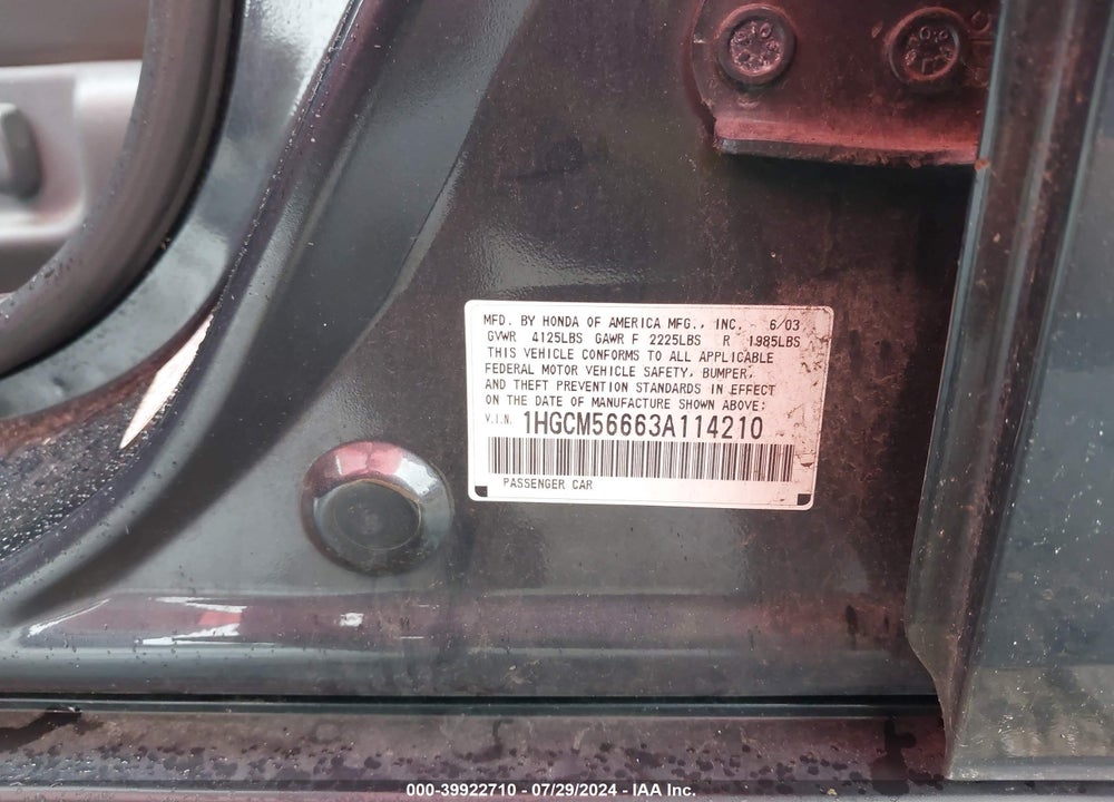 2003 HONDA ACCORD 2.4 EX VIN: 1HGCM56663A114210