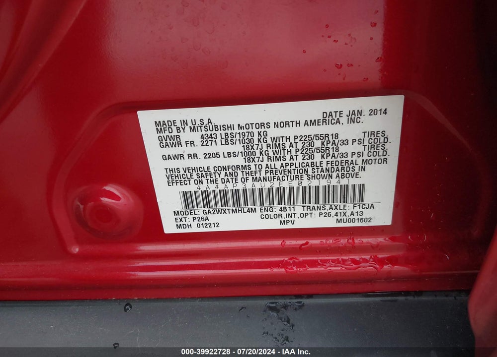 2014 MITSUBISHI OUTLANDER SPORT ES VIN: 4A4AP3AU2EE021941