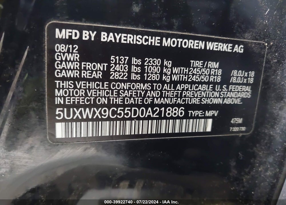 2013 BMW X3 XDRIVE28I VIN: 5UXWX9C55D0A21886