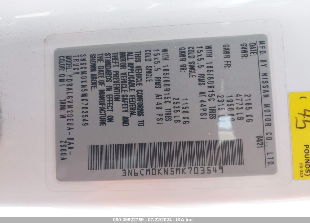 2021 NISSAN NV200 COMPACT CARGO SV XTRONIC CVT VIN: 3N6CM0KN5MK703549