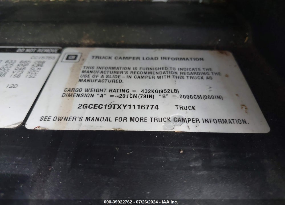 2000 CHEVROLET SILVERADO 1500 LS VIN: 2GCEC19TXY1116774