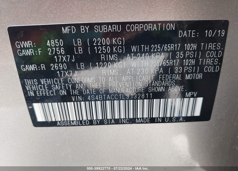 2020 SUBARU OUTBACK PREMIUM VIN: 4S4BTACC1L3132811