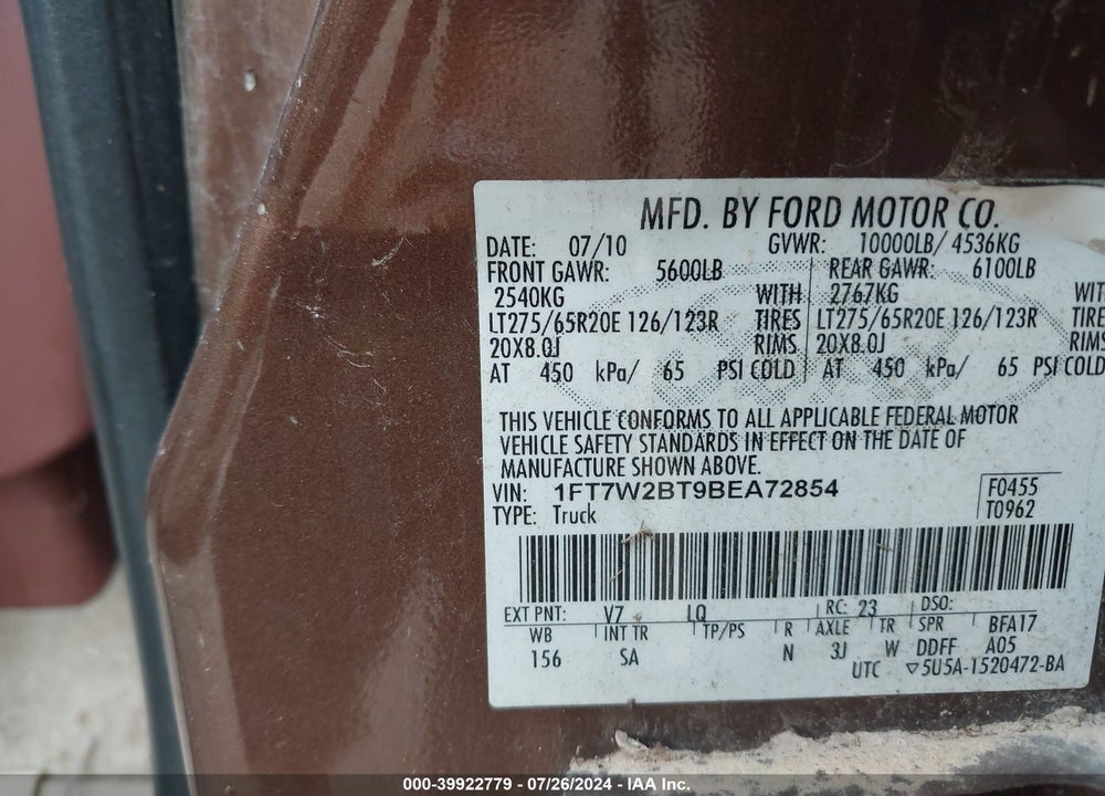 2011 FORD F-250 LARIAT VIN: 1FT7W2BT9BEA72854