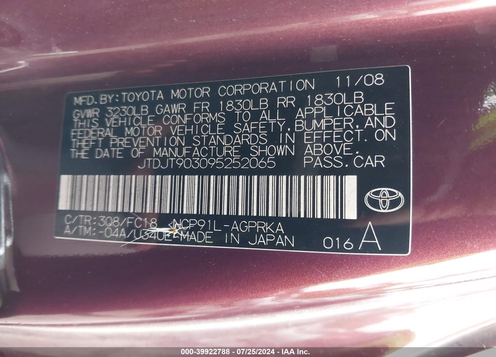 2009 TOYOTA YARIS VIN: JTDJT903095252065