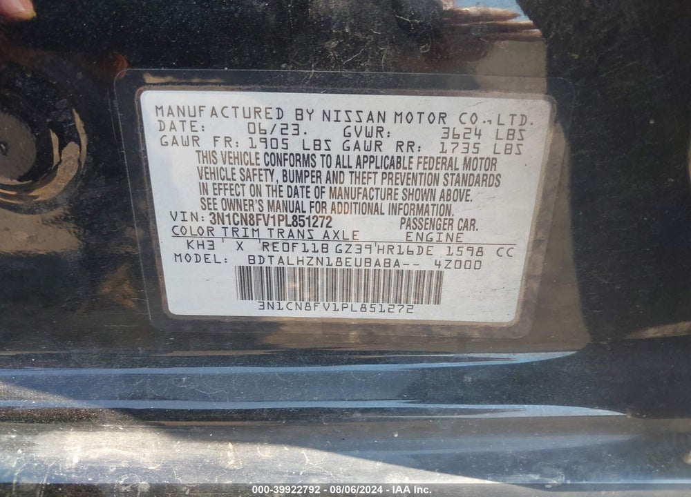 2023 NISSAN VERSA 1.6 SR XTRONIC CVT VIN: 3N1CN8FV1PL851272